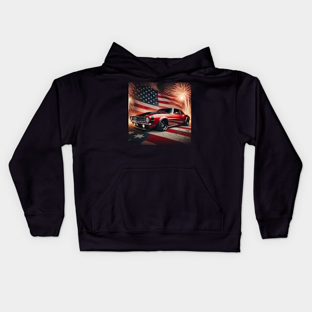 Chevrolet Camaro and The American Flag by Gas Autos Kids Hoodie by GasAut0s